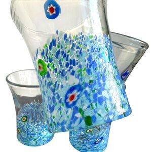 Set of 4 Murano Millefiori Glass Tumblers - Blue Floral Art Glass